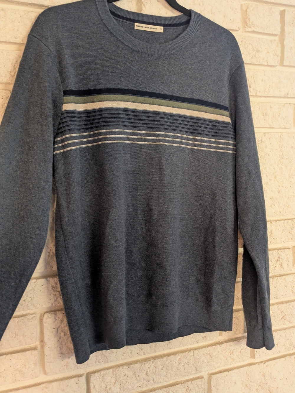 Men's S Marine Layer Navy Crewneck Sweater with Stripe Detail